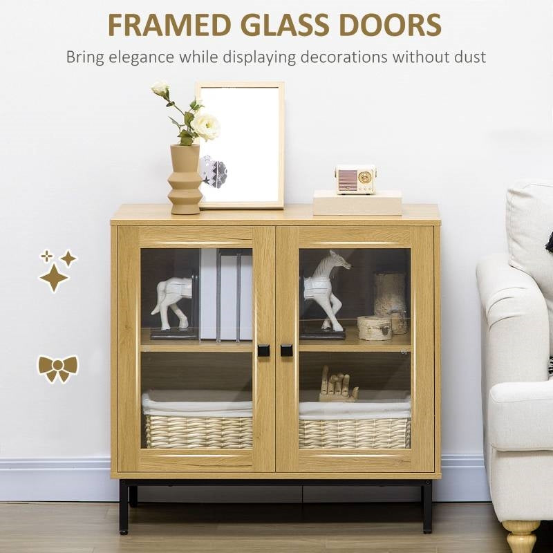 Modern Glass Door Sideboard Cabinet - 31.5" Oak Wood Finish Buffet<