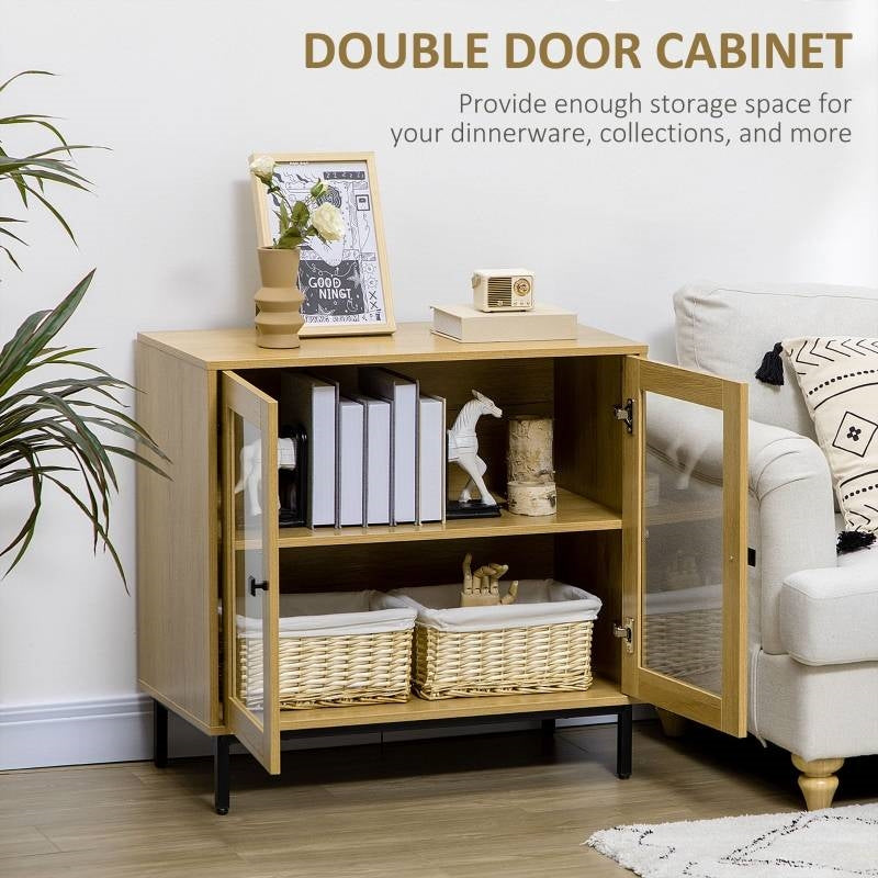 Modern Glass Door Sideboard Cabinet - 31.5" Oak Wood Finish Buffet<