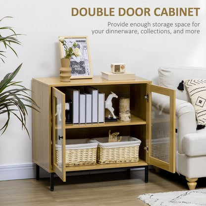 Modern Glass Door Sideboard Cabinet - 31.5" Oak Wood Finish Buffet<