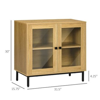 Modern Glass Door Sideboard Cabinet - 31.5" Oak Wood Finish Buffet<
