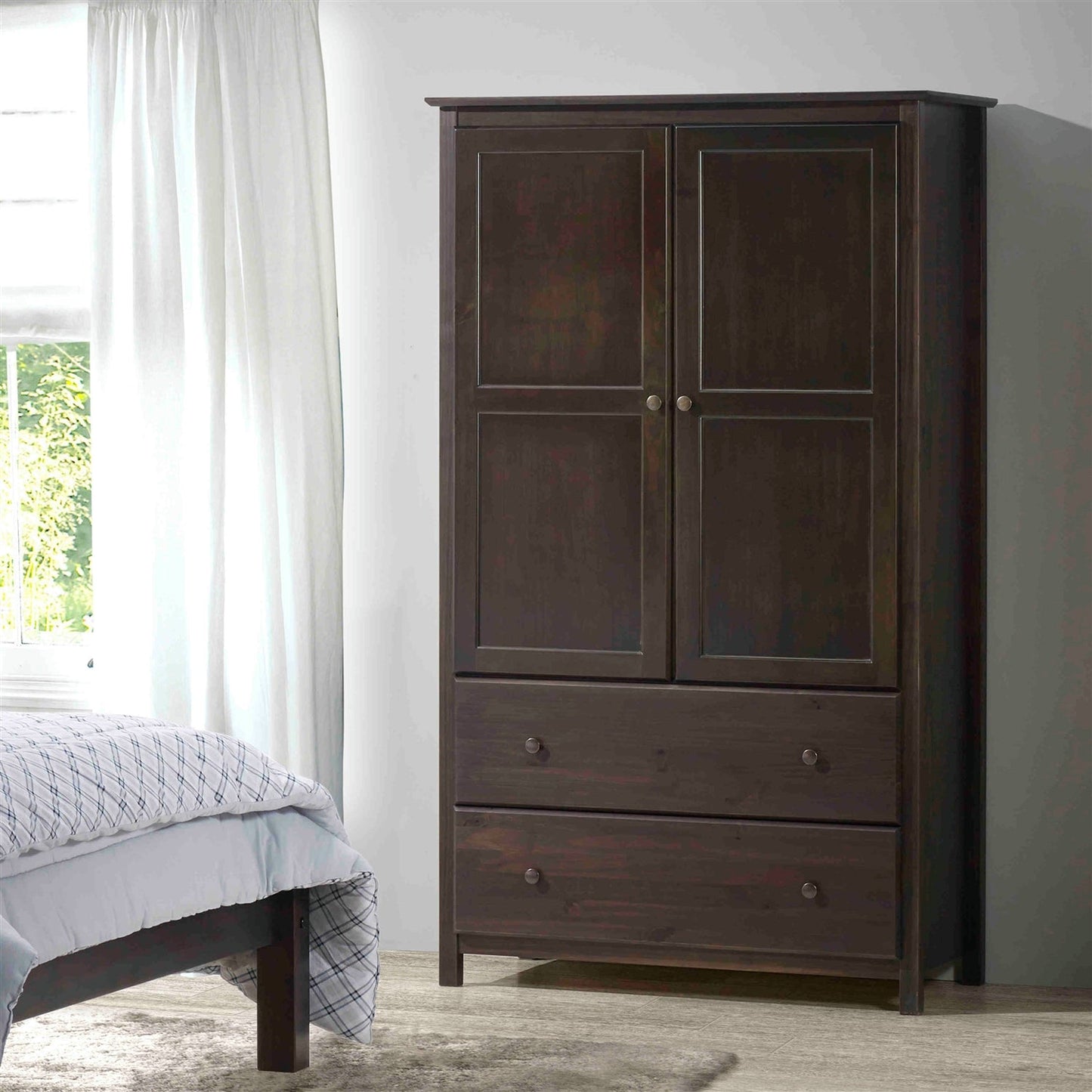 Solid Wood Bedroom Armoire - Espresso Finish Wardrobe with Hanging Bar