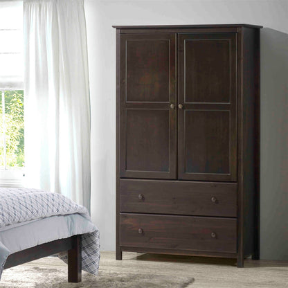 Solid Wood Bedroom Armoire - Espresso Finish Wardrobe with Hanging Bar