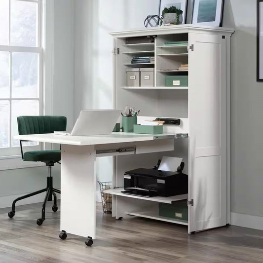 Drop Leaf Computer Desk Craft Armoire - White Wood Finish, Made in USA