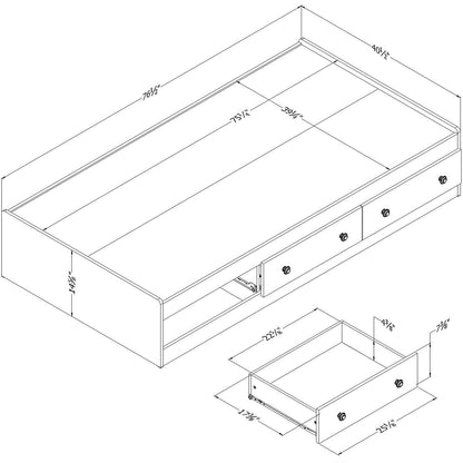 Twin Size White Wood Platform Daybed - Storage Drawers & Maple Knobs