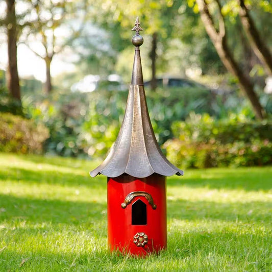 Unique Red Metal Birdhouse - Copper Gramophone Roof & Pagoda Style – Duvencioglu
