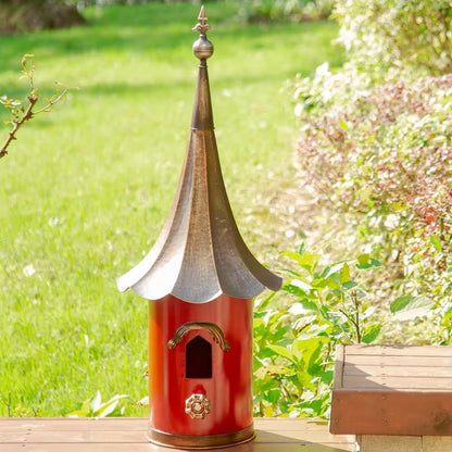 Unique Red Metal Birdhouse - Copper Gramophone Roof & Pagoda Style – Duvencioglu