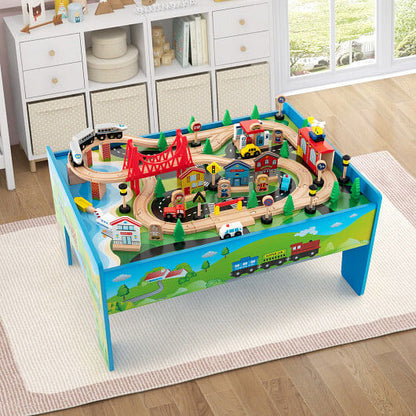 80-Piece Wooden Train Set & Activity Table - Reversible Top & Storage – Duvencioglu