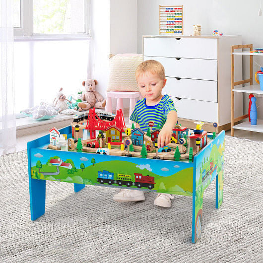 80-Piece Wooden Train Set & Activity Table - Reversible Top & Storage – Duvencioglu