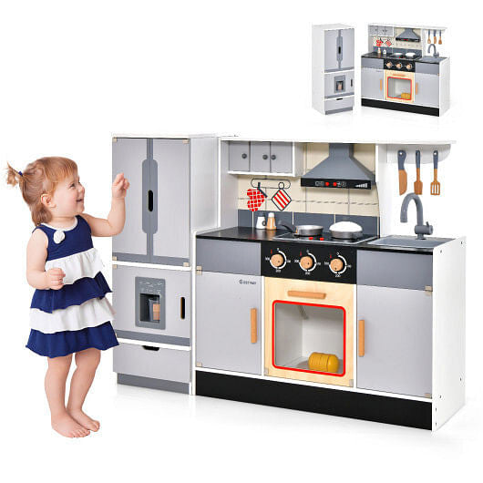 Wooden Chef Play Kitchen & Refrigerator Set - Lights, Sounds & Ice Maker – Duvencioglu