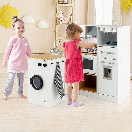 2-Piece Wooden Kids Kitchen Playset - Lights, Sounds, & Separate Washing Machine – Duvencioglu