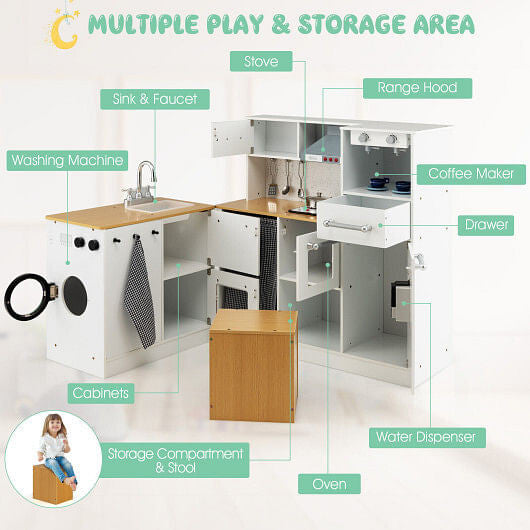 2-Piece Wooden Kids Kitchen Playset - Lights, Sounds, & Separate Washing Machine – Duvencioglu