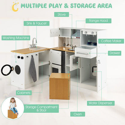 2-Piece Wooden Kids Kitchen Playset - Lights, Sounds, & Separate Washing Machine – Duvencioglu