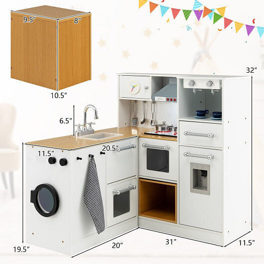 2-Piece Wooden Kids Kitchen Playset - Lights, Sounds, & Separate Washing Machine – Duvencioglu