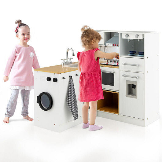 2-Piece Wooden Kids Kitchen Playset - Lights, Sounds, & Separate Washing Machine – Duvencioglu