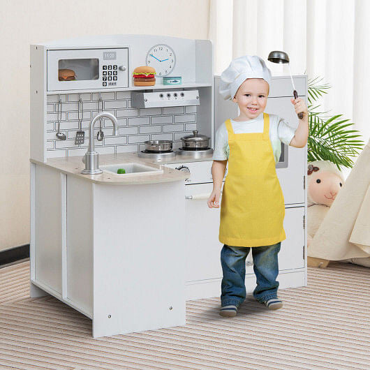 Conor L-Shape Kids Kitchen Playset - White Wood Toy with Realistic Microwave & Oven – Duvencioglu