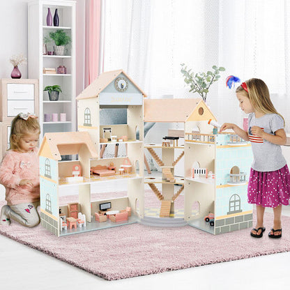 Wooden Corner Dollhouse Playset - 3 Stories, Garage & 41 Accessories – Duvencioglu