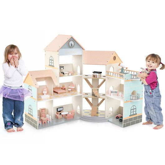 Wooden Corner Dollhouse Playset - 3 Stories, Garage & 41 Accessories – Duvencioglu