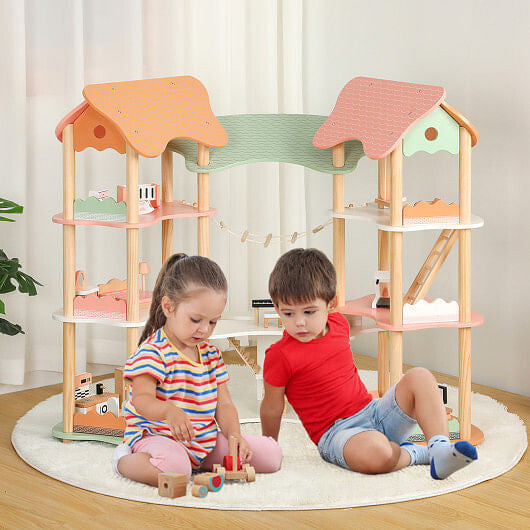 3-Tier Wooden Dollhouse Set - 7 Rooms, 32 Accessories & Pine Posts (Multicolor) – Duvencioglu