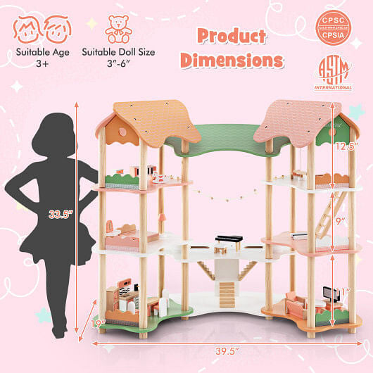 3-Tier Wooden Dollhouse Set - 7 Rooms, 32 Accessories & Pine Posts (Multicolor) – Duvencioglu