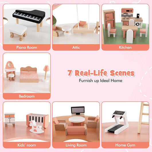 3-Tier Wooden Dollhouse Set - 7 Rooms, 32 Accessories & Pine Posts (Multicolor) – Duvencioglu