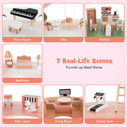 3-Tier Wooden Dollhouse Set - 7 Rooms, 32 Accessories & Pine Posts (Multicolor) – Duvencioglu