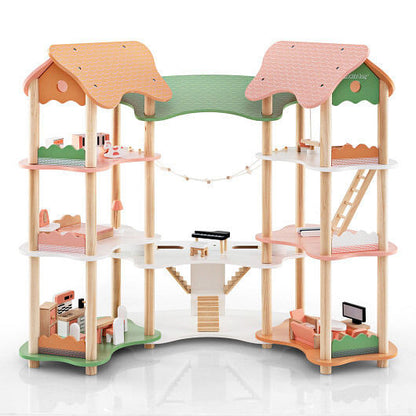 3-Tier Wooden Dollhouse Set - 7 Rooms, 32 Accessories & Pine Posts (Multicolor) – Duvencioglu