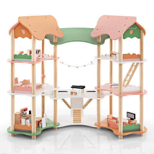 3-Tier Wooden Dollhouse Set - 7 Rooms, 32 Accessories & Pine Posts (Multicolor) – Duvencioglu