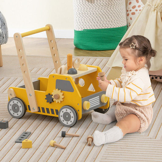 2-in-1 Wooden Baby Walker & Tool Bench - Adjustable Speed & Bottom Storage (Yellow) – Duvencioglu