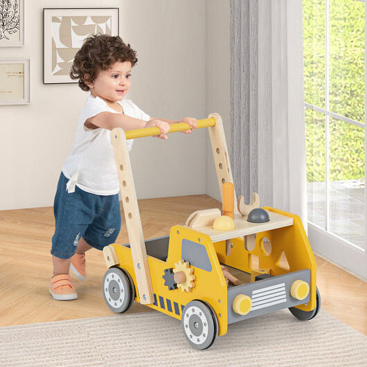 2-in-1 Wooden Baby Walker & Tool Bench - Adjustable Speed & Bottom Storage (Yellow) – Duvencioglu