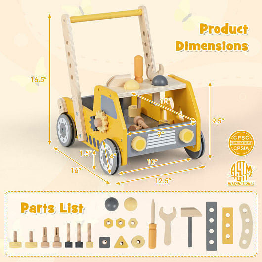 2-in-1 Wooden Baby Walker & Tool Bench - Adjustable Speed & Bottom Storage (Yellow) – Duvencioglu