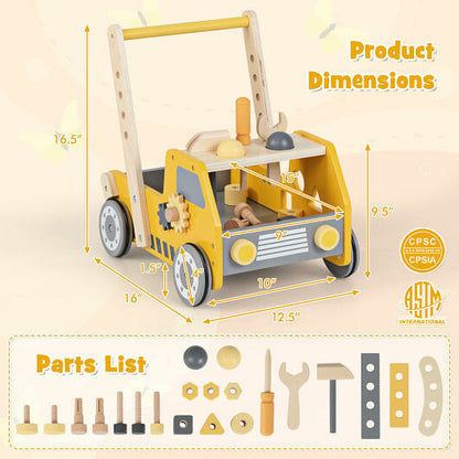 2-in-1 Wooden Baby Walker & Tool Bench - Adjustable Speed & Bottom Storage (Yellow) – Duvencioglu