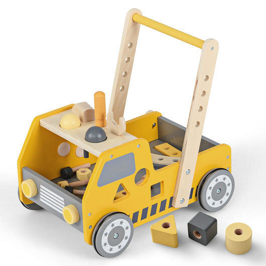 2-in-1 Wooden Baby Walker & Tool Bench - Adjustable Speed & Bottom Storage (Yellow) – Duvencioglu