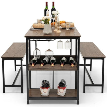 3-Piece Industrial Dining Set - Table, 2 Benches, & Integrated Wine Rack