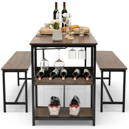 3-Piece Industrial Dining Set - Table, 2 Benches, & Integrated Wine Rack