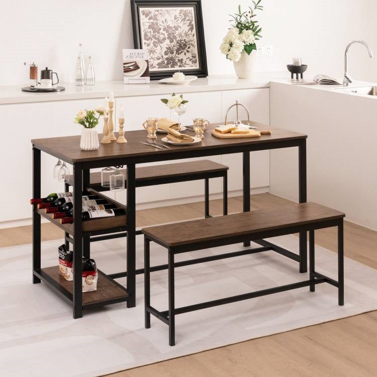 3-Piece Industrial Dining Set - Table, 2 Benches, & Integrated Wine Rack