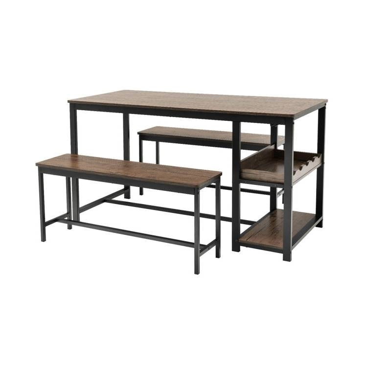 3-Piece Industrial Dining Set - Table, 2 Benches, & Integrated Wine Rack