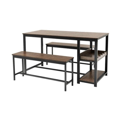 3-Piece Industrial Dining Set - Table, 2 Benches, & Integrated Wine Rack
