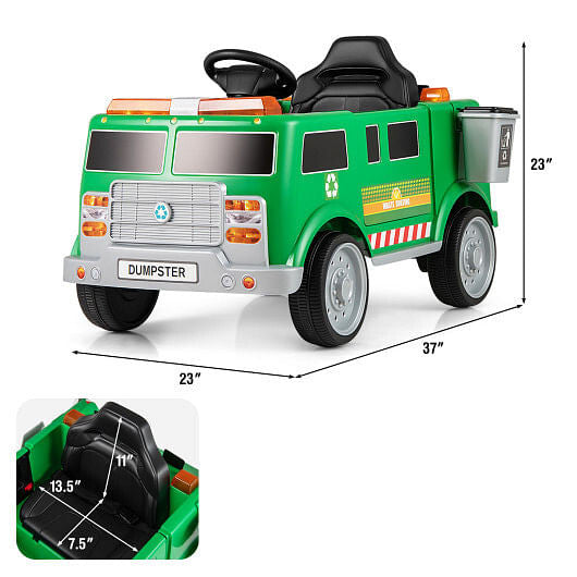 12V Kids Electric Garbage Truck Ride-On - Remote Control, Trash Bin & Recycling Play (Green) – Duvencioglu