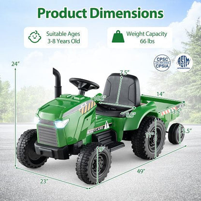 12V 2-in-1 Kids Ride-On Tractor - Trailer, 3-Speed Remote Control & EVA Wheels (Grayish Green) – Duvencioglu