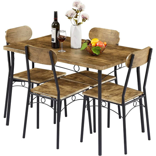 5-Piece Modern Industrial Dining Set - Wood Top Table & 4 Space-Saving Chairs – Duvencioglu