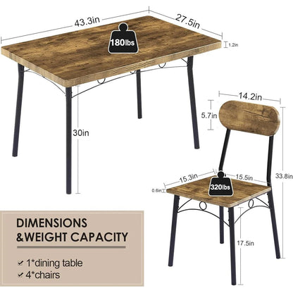 5-Piece Modern Industrial Dining Set - Wood Top Table & 4 Space-Saving Chairs – Duvencioglu