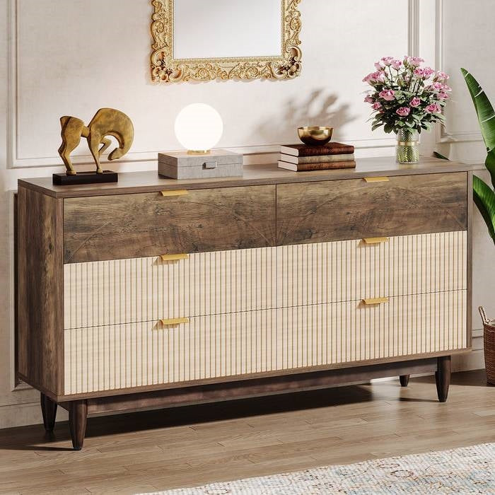 Mid-Century Modern 6-Drawer Dresser - Retro Brown Wood Finish