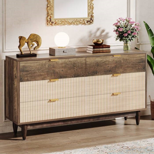 Mid-Century Modern 6-Drawer Dresser - Retro Brown Wood Finish