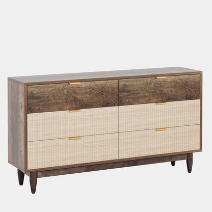 Mid-Century Modern 6-Drawer Dresser - Retro Brown Wood Finish