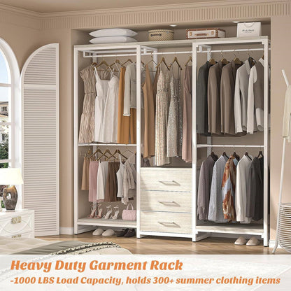 Heavy-Duty White Metal Garment Rack - Closet Wardrobe with 3 Drawers