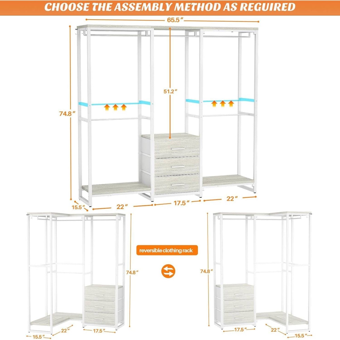 Heavy-Duty White Metal Garment Rack - Closet Wardrobe with 3 Drawers