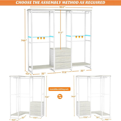 Heavy-Duty White Metal Garment Rack - Closet Wardrobe with 3 Drawers