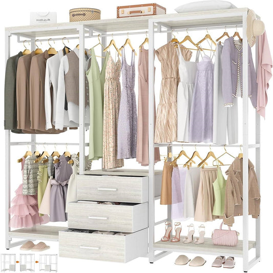 Heavy-Duty White Metal Garment Rack - Closet Wardrobe with 3 Drawers
