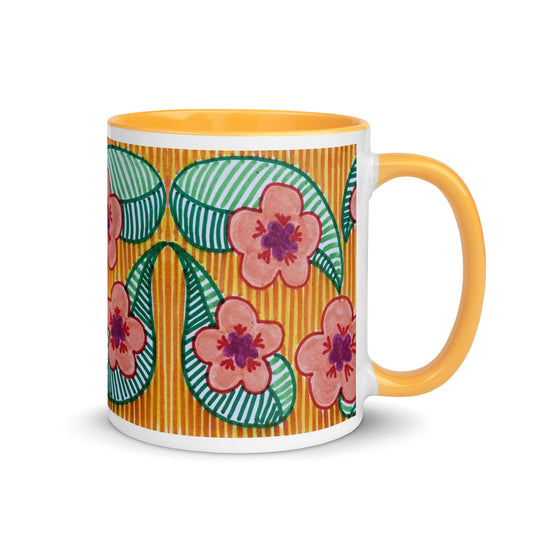 Retro Floral Mug – Groovy Orange Blossoms & Green Leaves on Striped Background – Duvencioglu