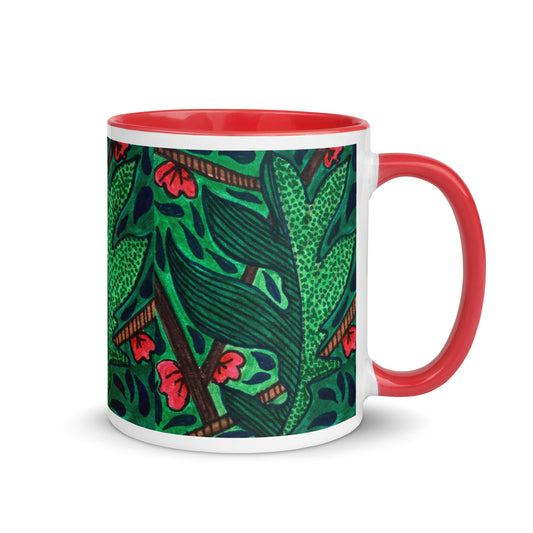 Tropical Jungle Mug with Bold Green Leaves and Red Flowers – Wild Botanical Coffee Cup Design – Duvencioglu